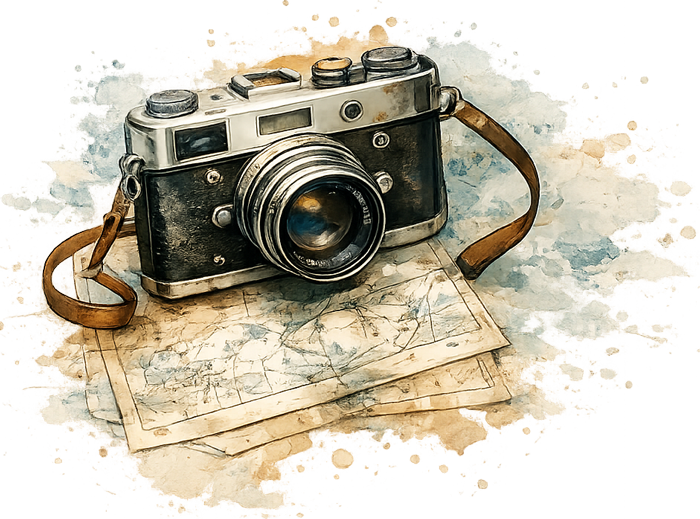 Illustration of a vintage camera resting on folded travel maps