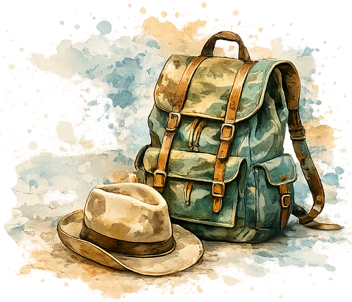 Illustration of a travel backpack and sun hat