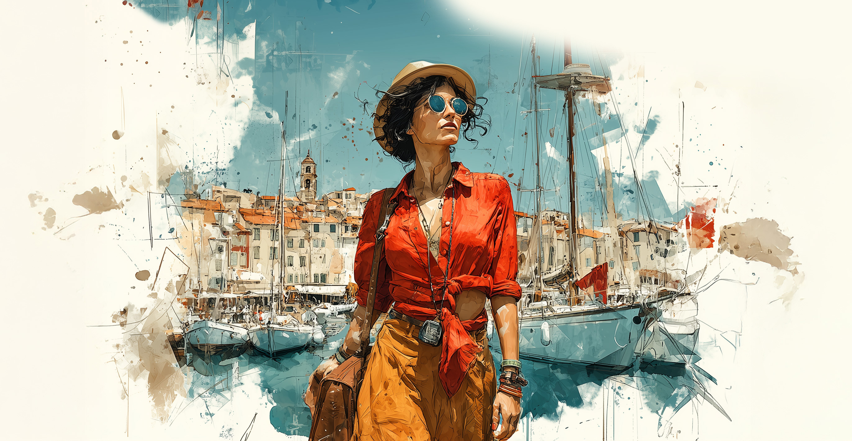 Traveler overlooking a Mediterranean harbor at golden hour