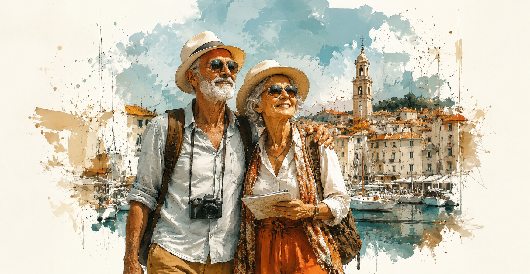 Illustrated older couple exploring a Mediterranean harbor town together