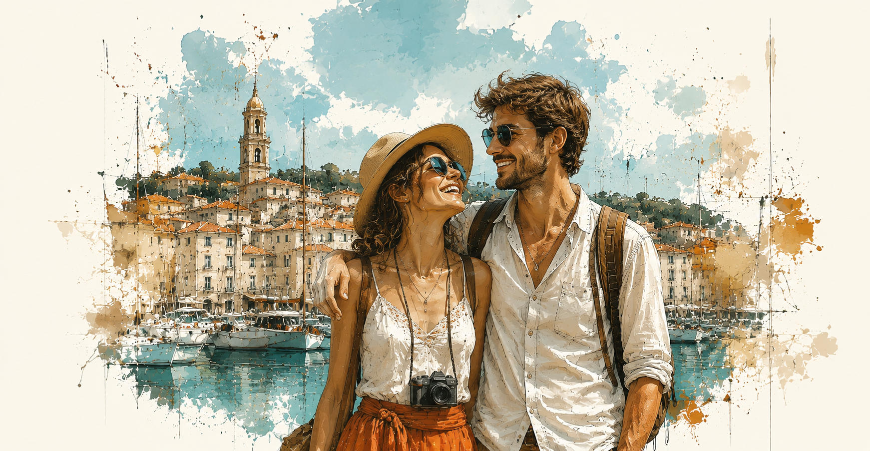 Illustrated young couple smiling at each other by a Mediterranean harbor